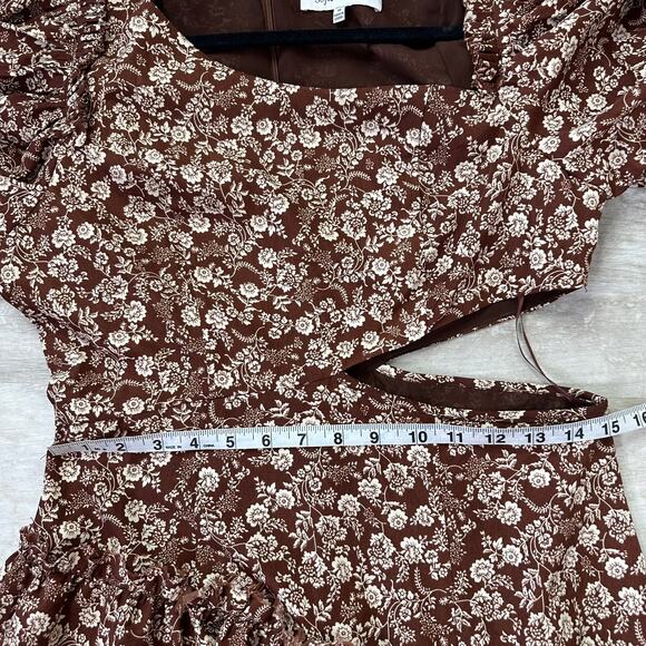 Sophie The Label Cut Out Puff Sleeve Brown floral midi dress - Picture 8 of 9